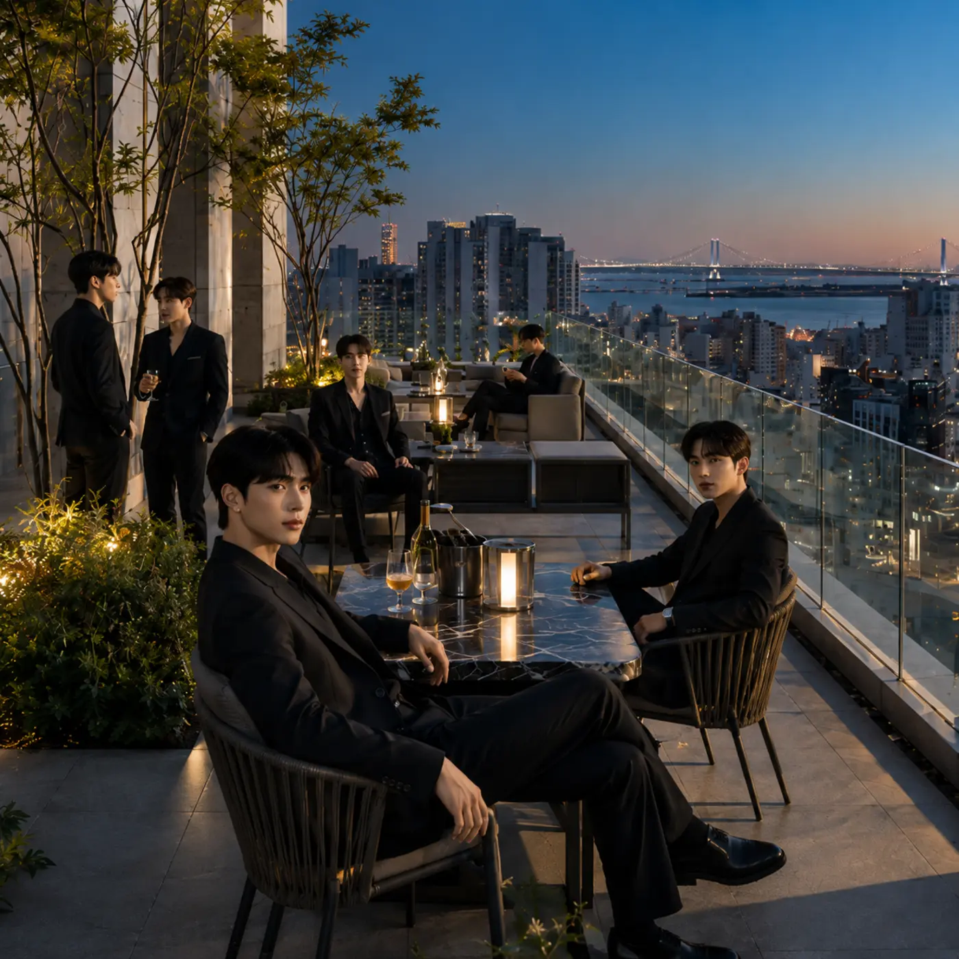 해 질 무렵 부산의 고층 테라스 전경